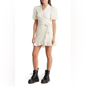 WEWOREWHAT Stripe Ruffle Wrap Dress Womens Puff Sleeve Large